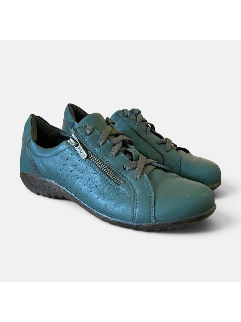 Naot Womens Moko Comfort Shoe Sz 39 US 8 Green Leather Lace Up Side Zip Loafer